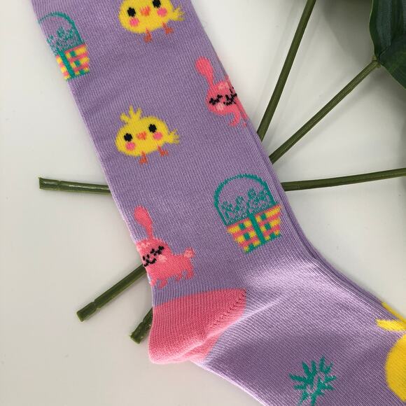 Sock It To Me Purple Pink Yellow Easter Bunny Basket Chick Youth Knee High Socks - Picture 5 of 10